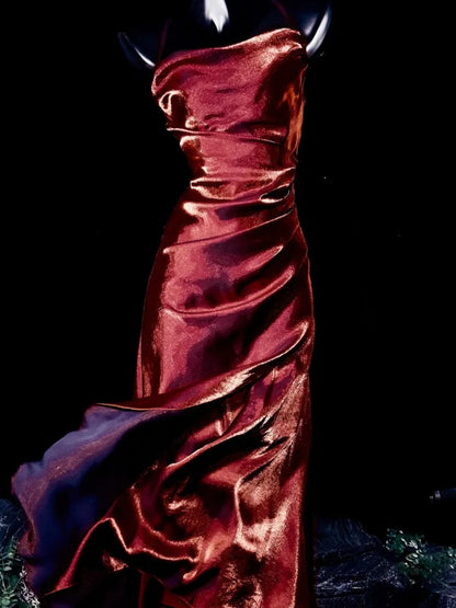 Charming Mermaid Spaghetti Strap Burgundy Satin Prom Dress Evening Dress SH2184