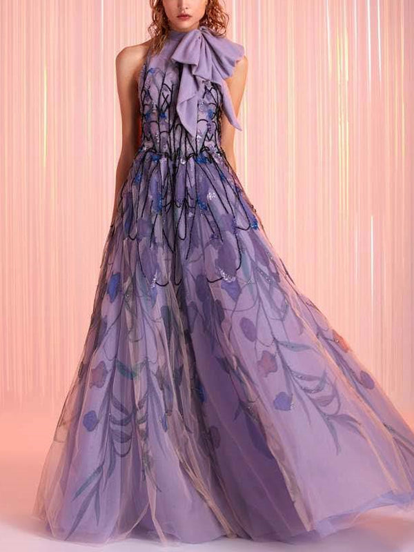 Lace-up Printed Mesh Maxi Dress