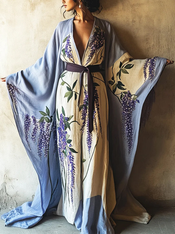 Light Purple Printed Cotton And Linen Robe Dress