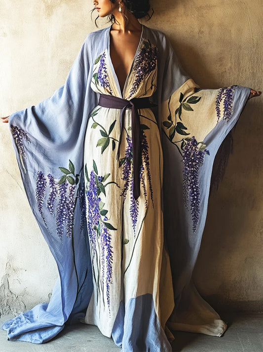 Light Purple Printed Cotton And Linen Robe Dress
