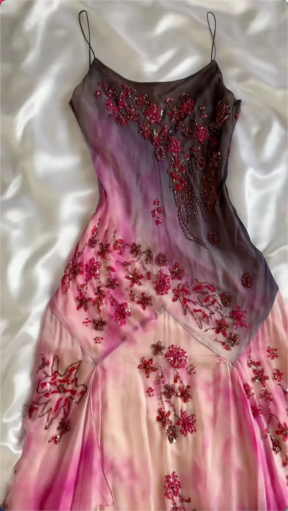 Pink Gradient Gorgeous Lightweight Exquisite Beaded Spaghetti Strap Long Chiffon Ball Gown Evening Gown Party Dress gh3339