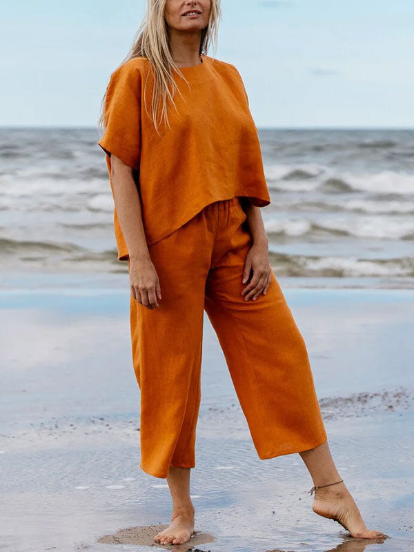 Casual Simple Solid Color Cotton Linen Women's Sets