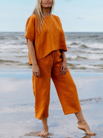Casual Simple Solid Color Cotton Linen Women's Sets