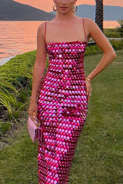 Pink/Silver Black Fashion Sequin Long Spaghetti Strap Party Dress gh4858