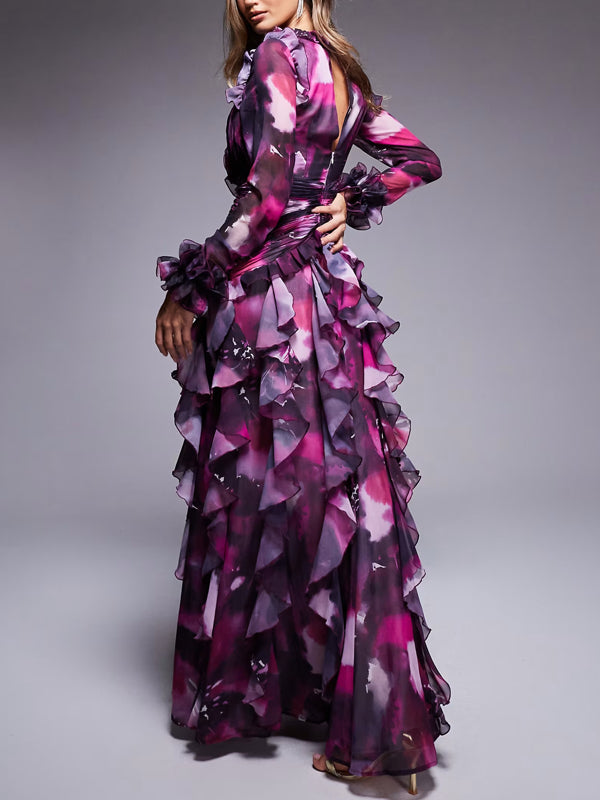 Organza Long-sleeved With Dark Floral Print Women's Dress