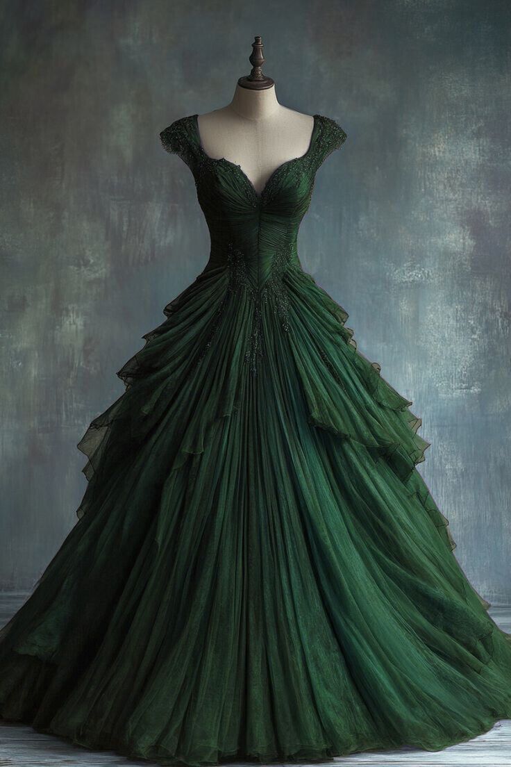 Green A Line Straps Beaded Ruffle Tulle Prom Dress Evening Dress SH2418