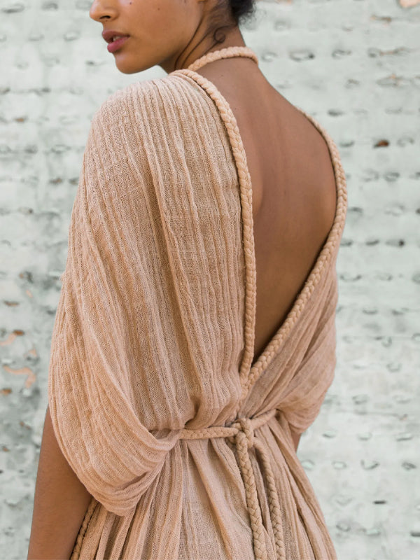 V-neck solid linen maxi dress