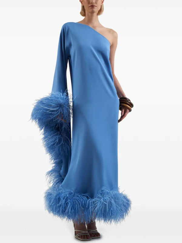 Off-shoulder Solid Color Feathers Maxi Dress