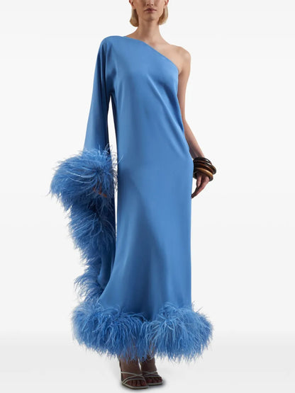 Off-shoulder Solid Color Feathers Maxi Dress