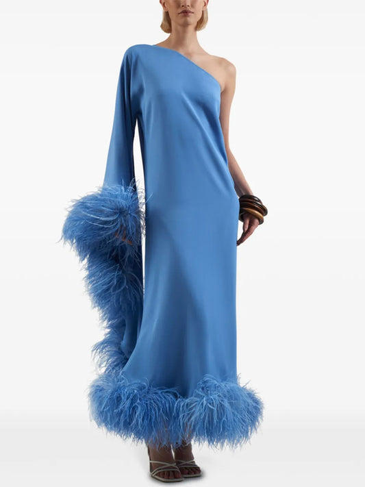 Off-shoulder Solid Color Feathers Maxi Dress
