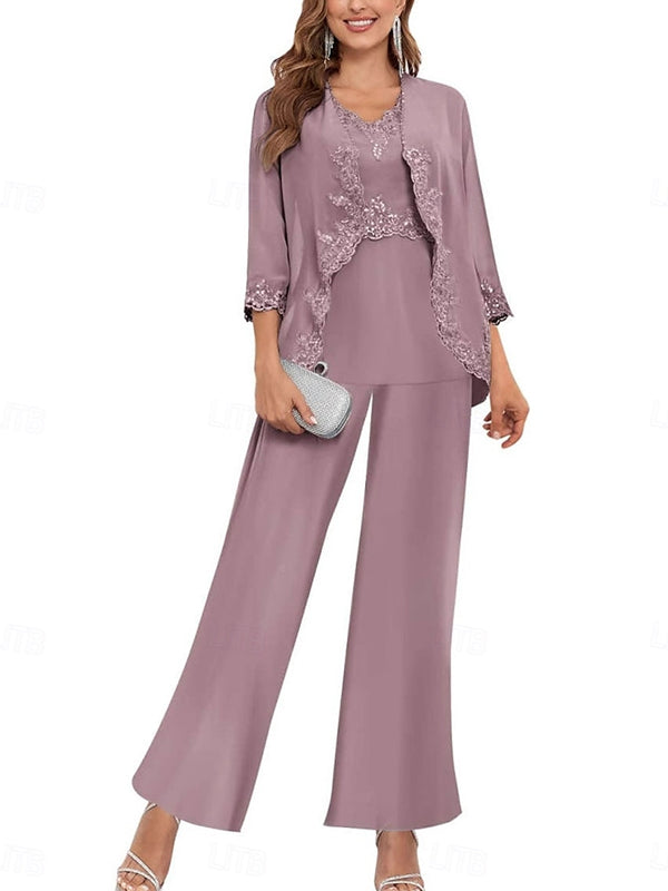 Pantsuit Mother of the Bride Dress Elegant Simple Scoop Neck Floor Length Polyester Long Sleeve with Solid Color