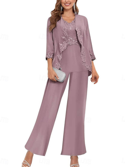 Pantsuit Mother of the Bride Dress Elegant Simple Scoop Neck Floor Length Polyester Long Sleeve with Solid Color