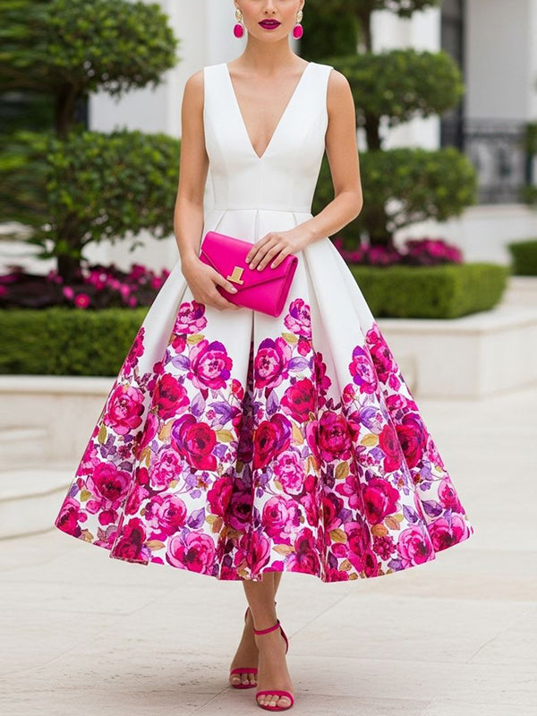 White Sleeveless Print Midi Dress