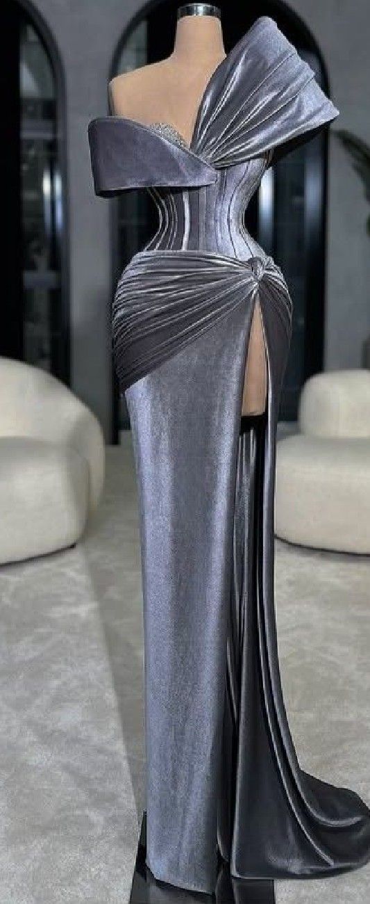 Silver Gray Elegant Long Velvet Ball Gown Evening Dress Party Dress gh5029