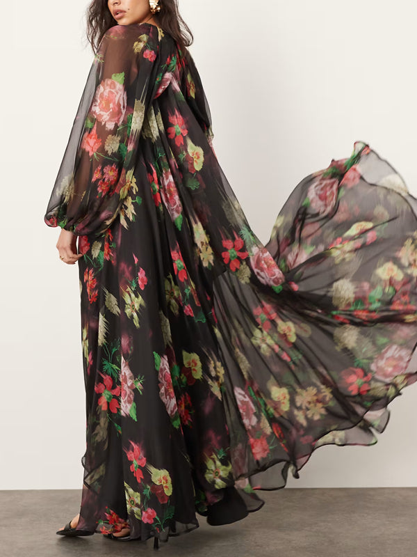 Black Floral Print Wide Sleeve Chiffon Maxi Dress