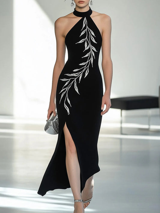Chic Black Halter Neck Dress with Side Slit and Embroidery