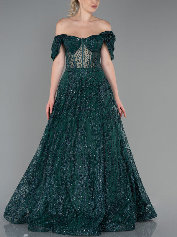 Off-the-shoulder Solid Sequins Maxi Dress