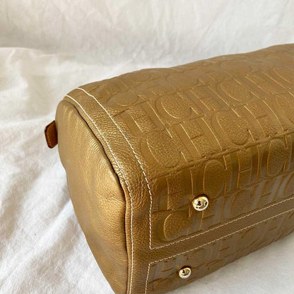 Carolina Herrera Gold Monogram Leather Andy Boston Bag