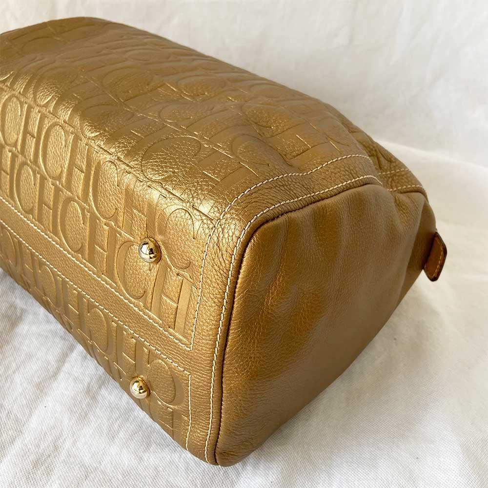 Carolina Herrera Gold Monogram Leather Andy Boston Bag