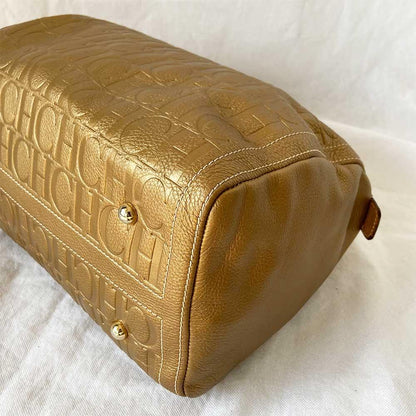 Carolina Herrera Gold Monogram Leather Andy Boston Bag