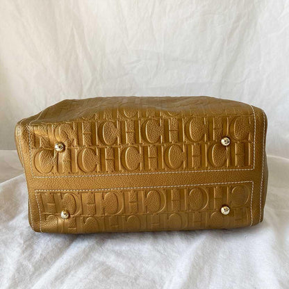 Carolina Herrera Gold Monogram Leather Andy Boston Bag