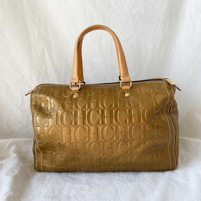 Carolina Herrera Gold Monogram Leather Andy Boston Bag