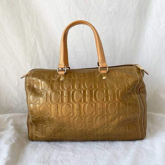 Carolina Herrera Gold Monogram Leather Andy Boston Bag
