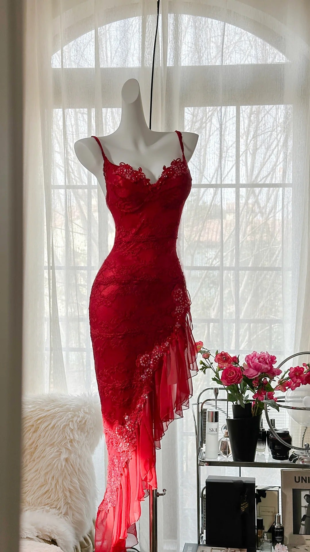 Red Fashion Elegant Delicate Floral Beaded Spaghetti Strap Midi Ruffle Mermaid Slim Fit Lace Chiffon Ball Gown Birthday Party Dress Evening Gown Prom Dress gh3977