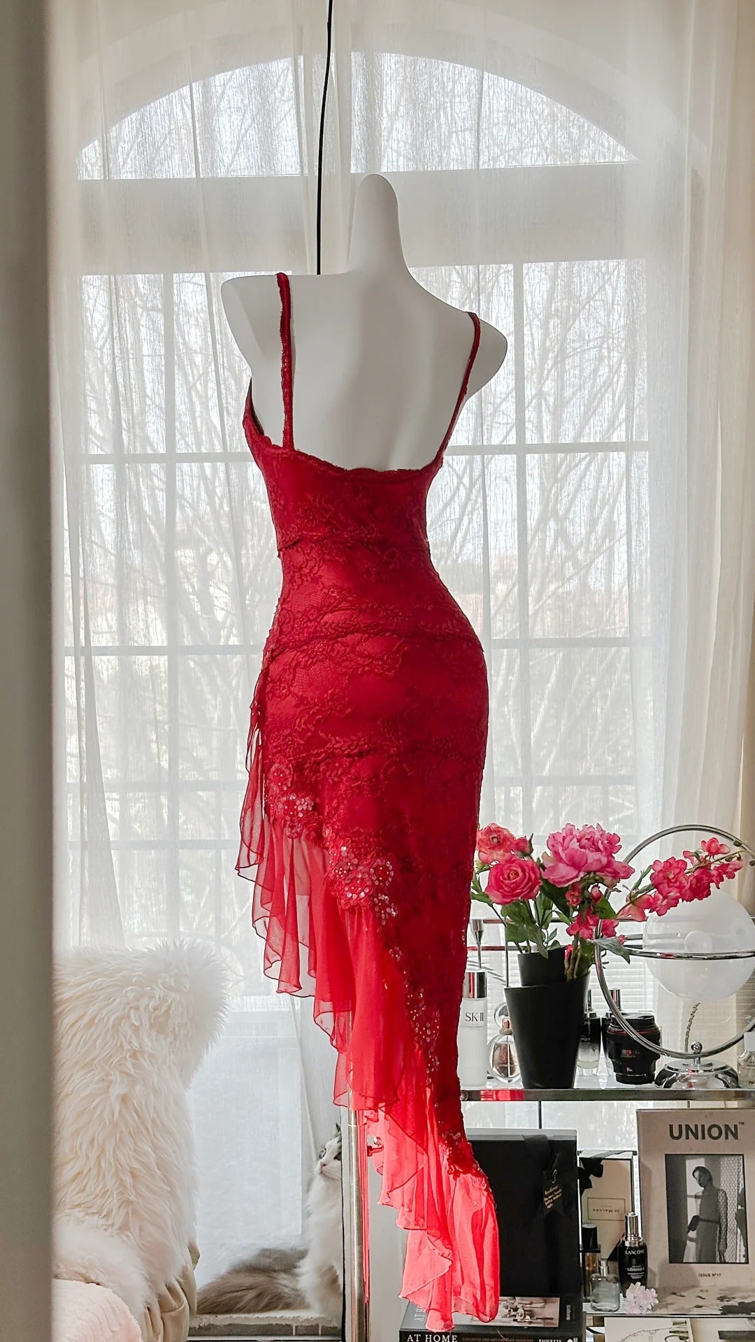 Red Fashion Elegant Delicate Floral Beaded Spaghetti Strap Midi Ruffle Mermaid Slim Fit Lace Chiffon Ball Gown Birthday Party Dress Evening Gown Prom Dress gh3977