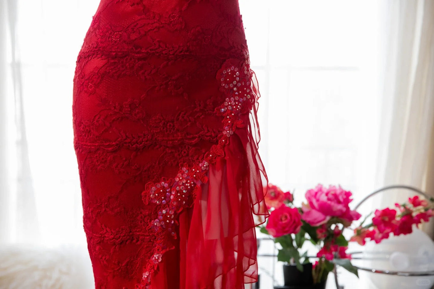 Red Fashion Elegant Delicate Floral Beaded Spaghetti Strap Midi Ruffle Mermaid Slim Fit Lace Chiffon Ball Gown Birthday Party Dress Evening Gown Prom Dress gh3977