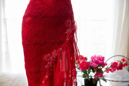 Red Fashion Elegant Delicate Floral Beaded Spaghetti Strap Midi Ruffle Mermaid Slim Fit Lace Chiffon Ball Gown Birthday Party Dress Evening Gown Prom Dress gh3977