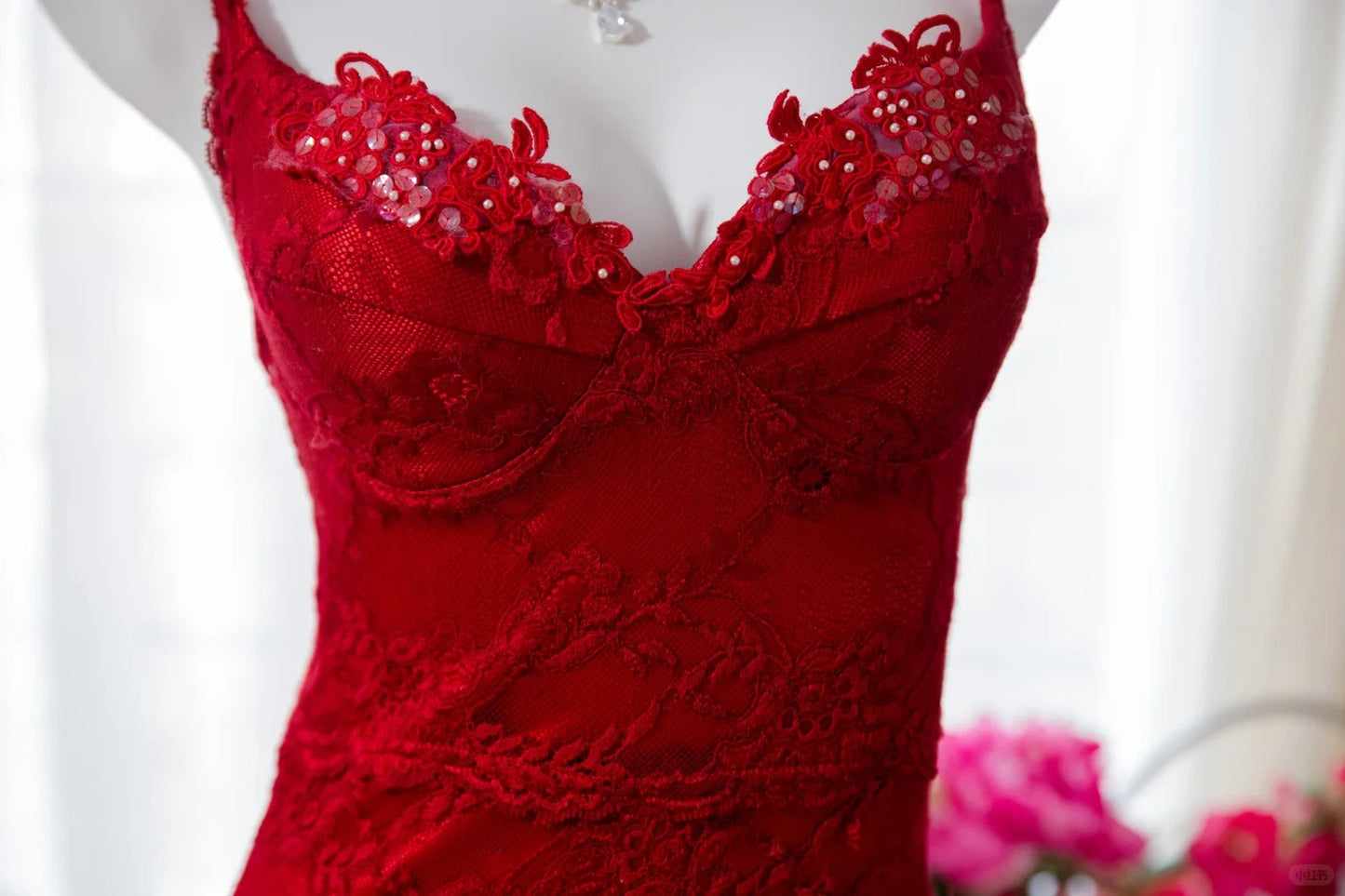 Red Fashion Elegant Delicate Floral Beaded Spaghetti Strap Midi Ruffle Mermaid Slim Fit Lace Chiffon Ball Gown Birthday Party Dress Evening Gown Prom Dress gh3977