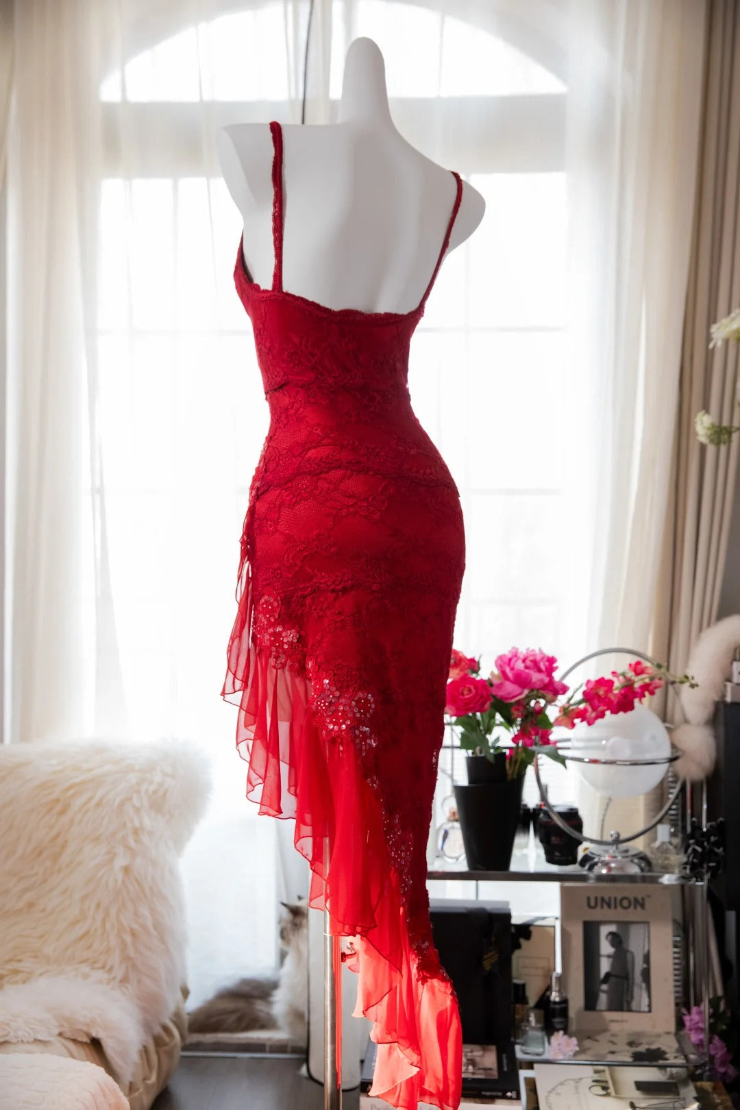 Red Fashion Elegant Delicate Floral Beaded Spaghetti Strap Midi Ruffle Mermaid Slim Fit Lace Chiffon Ball Gown Birthday Party Dress Evening Gown Prom Dress gh3977