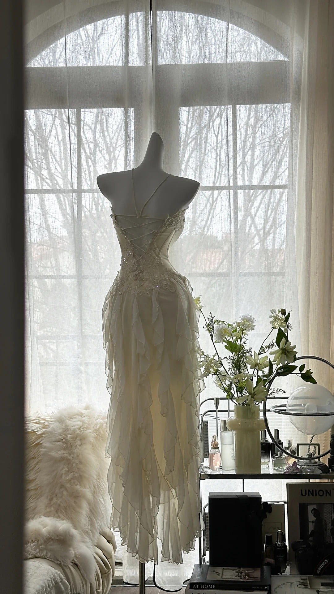 Ivory White Romantic Elegant Exquisite Beaded Backless Long Chiffon Ruffle Homecoming Dress Prom Dress Evening Dress Birthday Holiday Party Dress gh4009