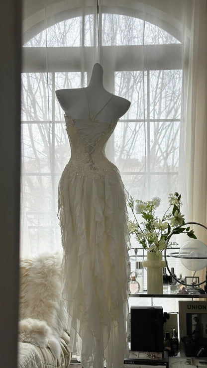 Ivory White Romantic Elegant Exquisite Beaded Backless Long Chiffon Ruffle Homecoming Dress Prom Dress Evening Dress Birthday Holiday Party Dress gh4009