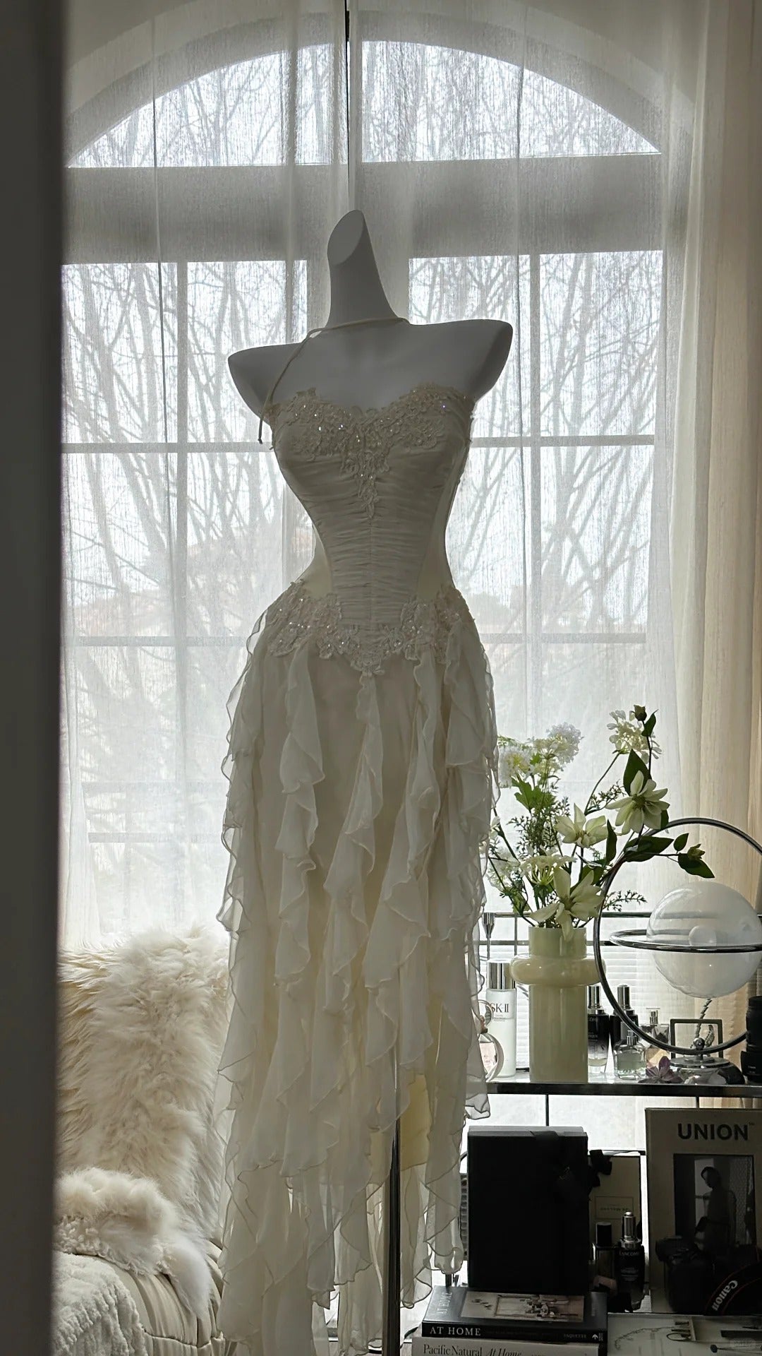 Ivory White Romantic Elegant Exquisite Beaded Backless Long Chiffon Ruffle Homecoming Dress Prom Dress Evening Dress Birthday Holiday Party Dress gh4009