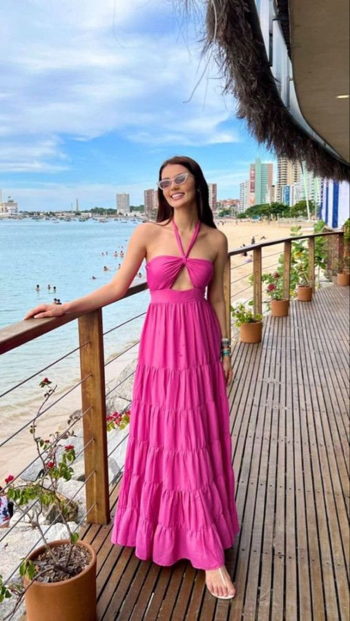 Halter Neckline Fuchsia A-line Long Prom Dress Beach Dresses