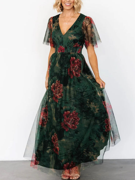 Short Sleeve Elegant Mesh Print Maxi Dress