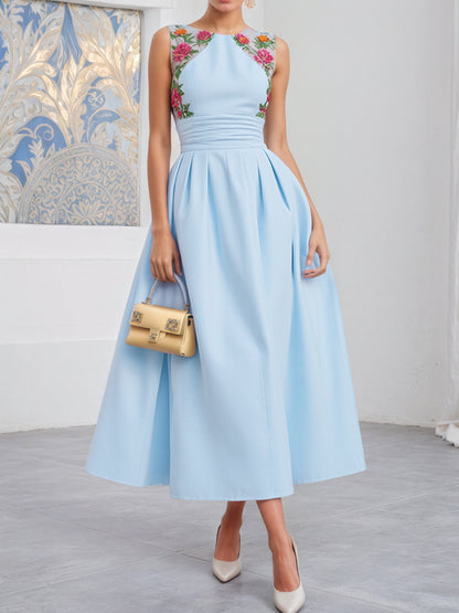 Light Blue Lace Ruched Classic Crew Neck Sleeveless A-Line Midi Dress