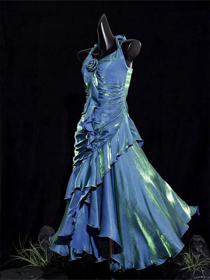 Vintage Mermaid Spaghetti Straps Ruffle Ice Blue Satin Long Length Prom Dress Evening Dress SH3096