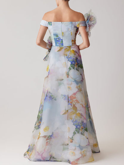 Organza Watercolor Off Shoulder 3D Flower Gown