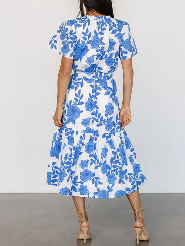 V-neck Printed Cotton and Linen Women's Dress