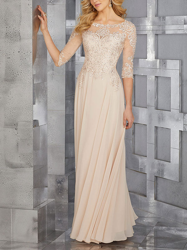 Chiffon Mother of the Occasion Gown with Beaded Bodice and 3/4 Illusion Sleeves