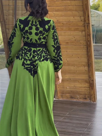 V-neck Printed Solid Color Maxi Dress