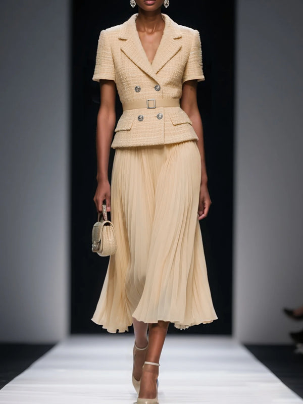 Tweed Pleated Buckle Lapel Collar Short Sleeve Dressy Top With Skirt Two-Piece Set