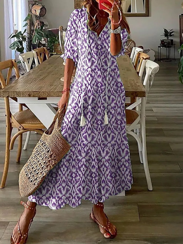 loveedsTM-Summer Fashion Floral Print Holiday Long Dress Casual Loose Drawstring Half Sleeve Dress Women V Neck Chic Ruffled Boho Dresses