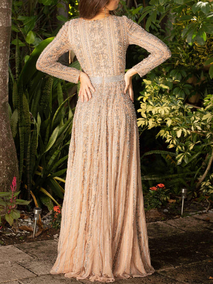 V-Neck Sequined Long Sleeve Solid Color Maxi Dress