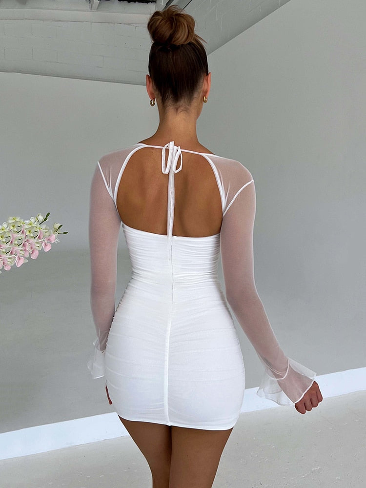 loveedsTM - Elegant Backless Sexy Mini Dress For Women Robe Two Layer Mesh Full Sleeve Zipper Bodycon Party Short Dress