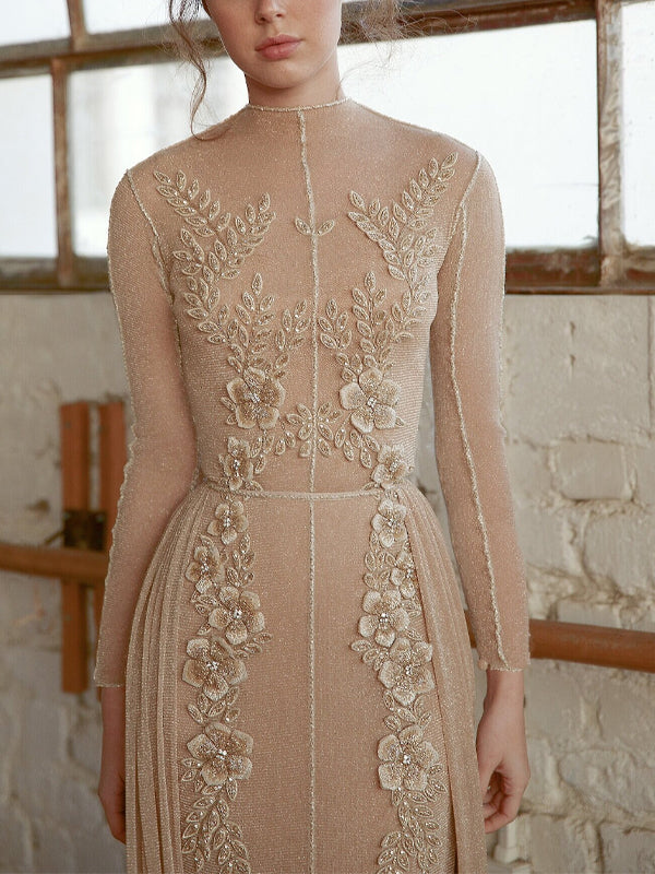 Solid Color Lace Long Sleeves Maxi Dress