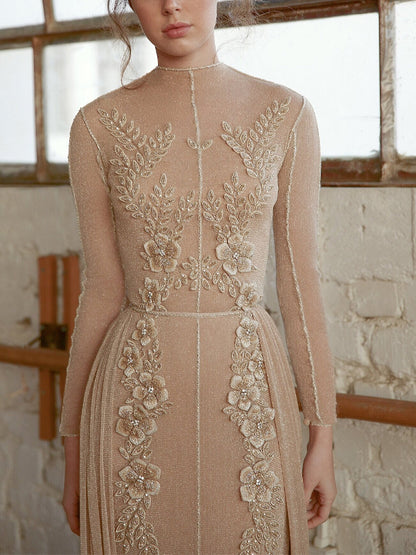 Solid Color Lace Long Sleeves Maxi Dress